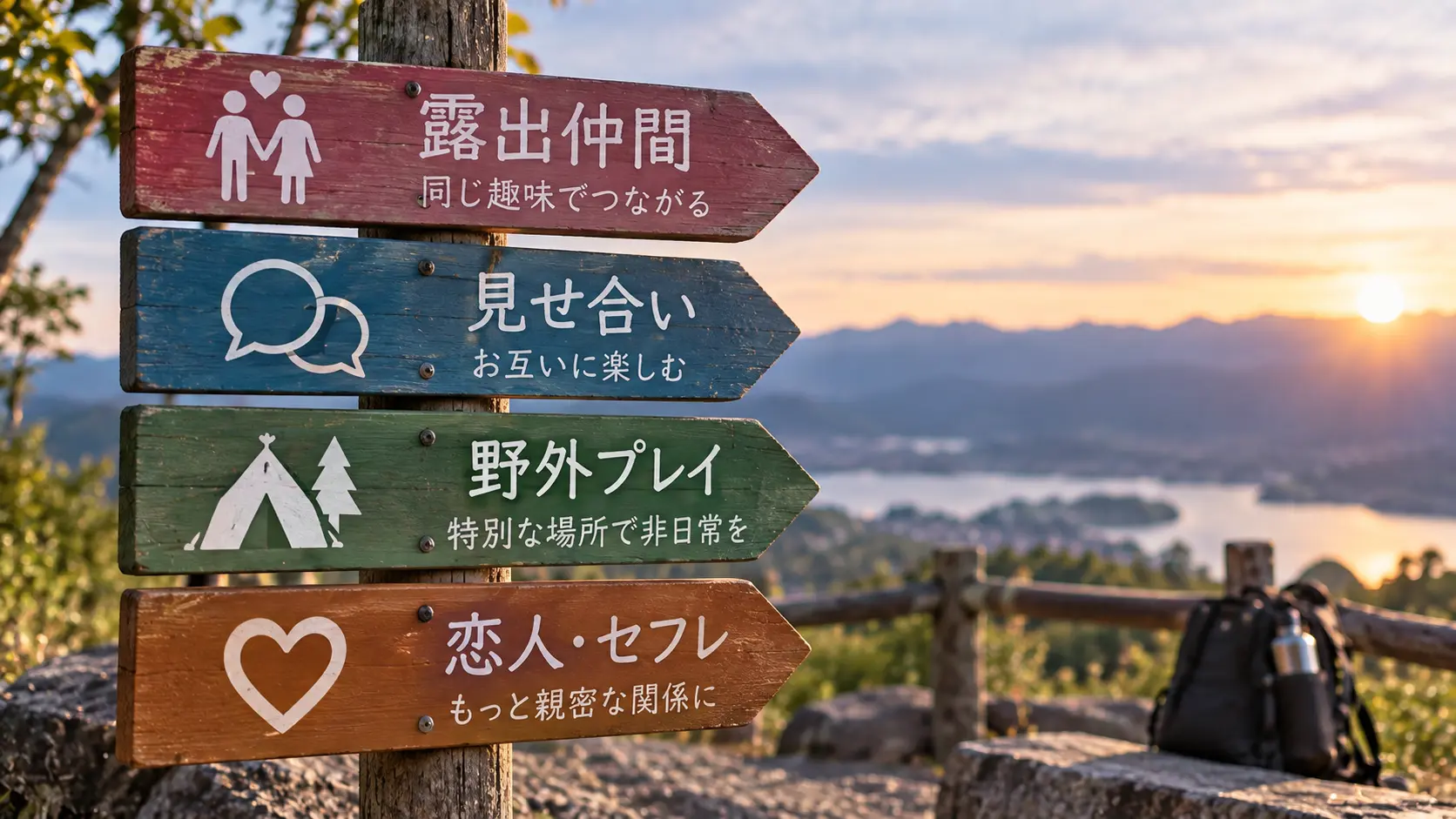 露出仲間・見せ合い・野外プレイ・恋人やセフレなど目的別の出会いを表した案内標識